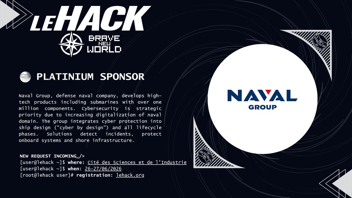 _leHACK_'s tweet photo. 🇬🇧
Naval Group joins #leHACK 2026 as Platinium sponsor. They build naval defense systems, including submarines with over a million components. Cybersecurity is built into their ships from the design stage. Come meet their teams. #cyberdefense #naval https://t.co/4Y1o78rAkW