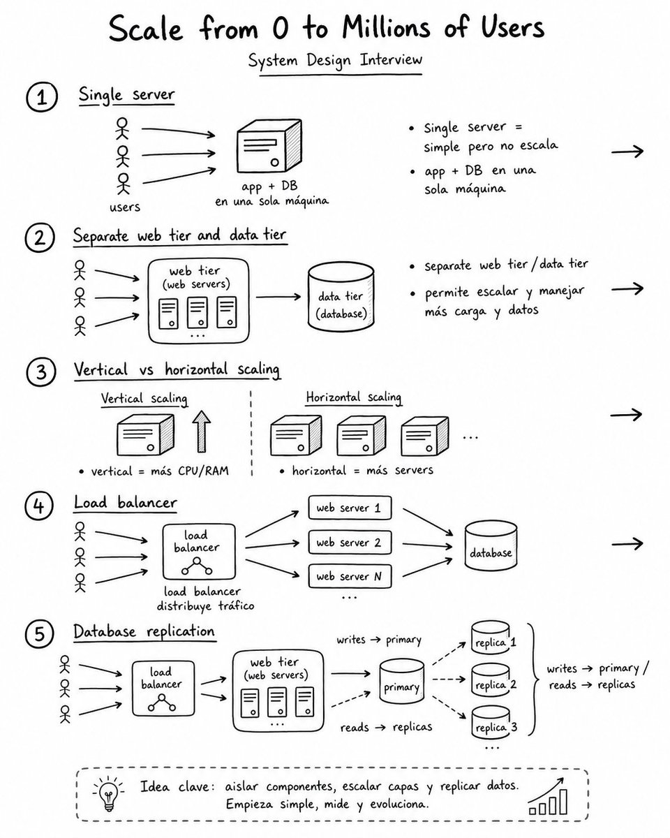 ffranclarke's tweet photo. CHAPTER 1: SCALE FROM ZERO TO MILLIONS OF USERS

Lo que más me gustó es que no plantea la arquitectura de un sistema como algo que nace enorme desde el día uno, sino que arranca con lo más simple, una app y una base de datos en un solo servidor. Eso puede estar perfecto al principio, porque te permite construir rápido y validar.

El problema aparece cuando empieza a crecer el tráfico, la carga en la base de datos o la cantidad de usuarios concurrentes. 
Ahí empiezan los cambios, como separar el web tier del data tier, pensar en escalado vertical vs horizontal, sumar un load balancer y replicar la base de datos.

De aca extraigo la primera clave, escalar no es “meter infraestructura porque sí”. Es ir entendiendo dónde está el cuello de botella y separar responsabilidades cuando el sistema lo empieza a pedir.