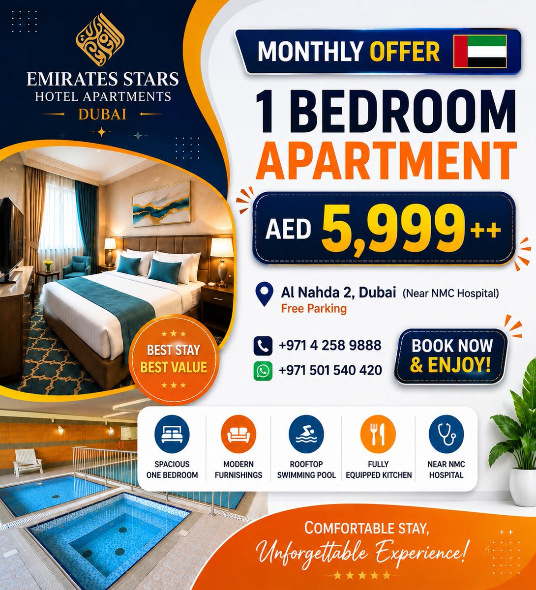 StarsEmirates's tweet photo. 📷 LIVE SMART IN DUBAI – 📷
Looking for a comfortable and affordable stay?
Emirates Stars Hotel Apartments – Dubai brings you the perfect Promotional rates!
📷
Enjoy a relaxing lifestyle with all the comforts you need in a prime location.
📷 Al Nahda 2, Dubai (Near NMC Hospital)
📷 Free Parking Available
📷 Call Now for Booking & Inquiries:
+971 4 258 9888
📷 Book today and experience comfort, convenience, and value all in one place!
#EmiratesStars #DubaiOffer #MonthlyStay #DubaiApartments #AlNahda #DubaiDeals #FurnishedApartments #StayComfortably #DubaiLiving
#SharjahDeals #DubaiDeals #HotelOffersUAE #BudgetStayUAE
#StayInSharjah #StayInDubai #BestHotelDeals
#FamilyStayUAE #BusinessTravelUAE
#VisitSharjah #VisitDubai
#EmiratesStarsHospitalityGroup
#EmiratesStarsHotel
#BookWithEmiratesStars