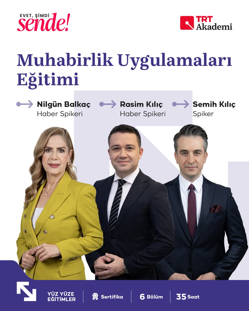 trtakademi's tweet photo. "Muhabirlik Uygulamaları" eğitimi 20 Temmuz'da başlıyor! 🚀

Sen de şimdi kontenjan dolmadan, Nilgün Balkaç, Rasim Kılıç ve Semih Kılıç'ın rehberliğinde gerçekleşecek "Muhabirlik Uygulamaları" eğitimdeki yerini ayırt! 📱📲

👉 https://t.co/gDwrs9seoH https://t.co/NXcnl8CbNx
