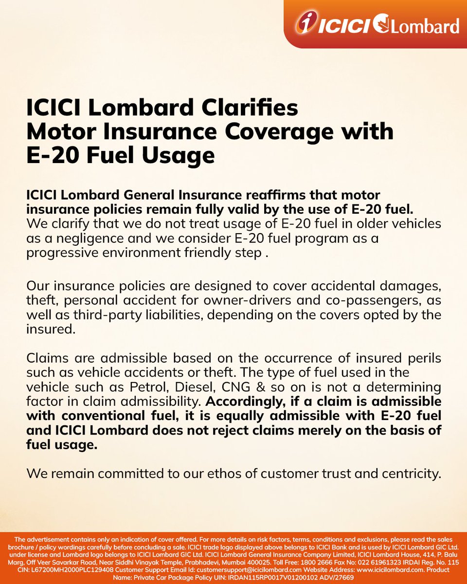 Comiccs4fun's tweet photo. ICICI Lombard sets the record straight on E20 fuel 👇
@TheLallantop 
"Motor insurance policies remain fully valid by the use of E-20 fuel. We do not treat usage of E-20 fuel in older vehicles as negligence."Stop spreading the June 9 misinfo. Claims are based on insured perils. https://t.co/pi6P61IviT
