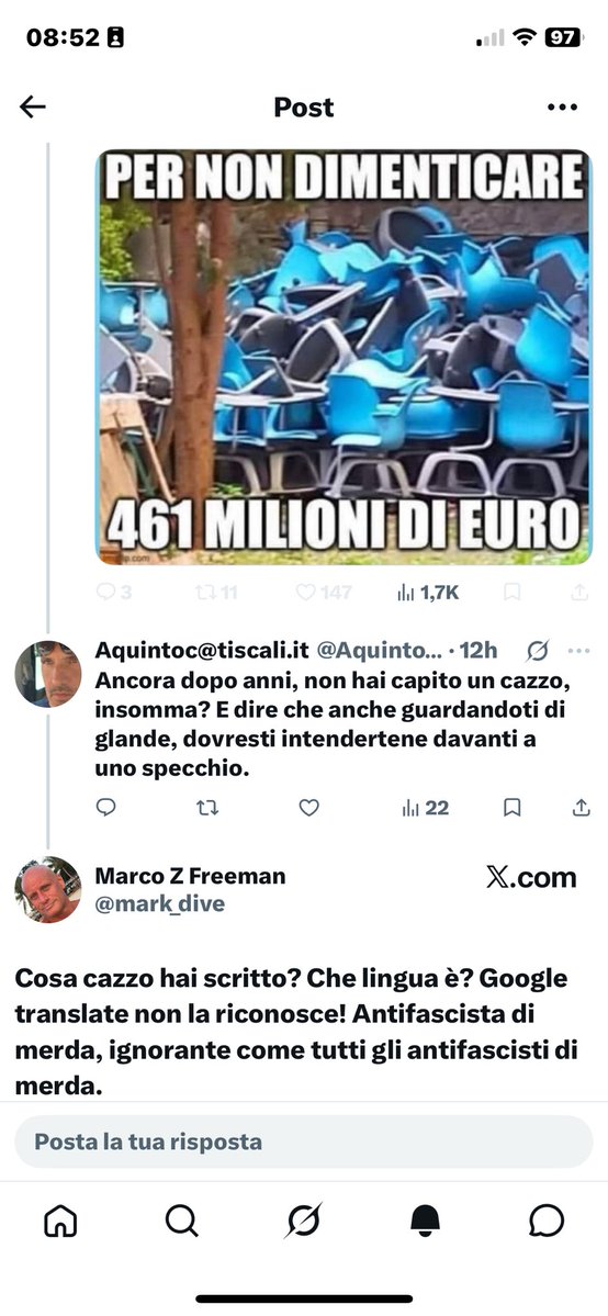 Aquintoctiscal1's tweet photo. Tranquillo è scientificamente provato che i fascisti sono culturalmente ignoranti, inclini al servilismo e come tali idioti! Questo lo capisci o ti faccio un disegnino? DEFICIENTE, studia e leggi prima di sentirti superiore alla merda, perché non lo sei, coglione https://t.co/jTl2GSfii7