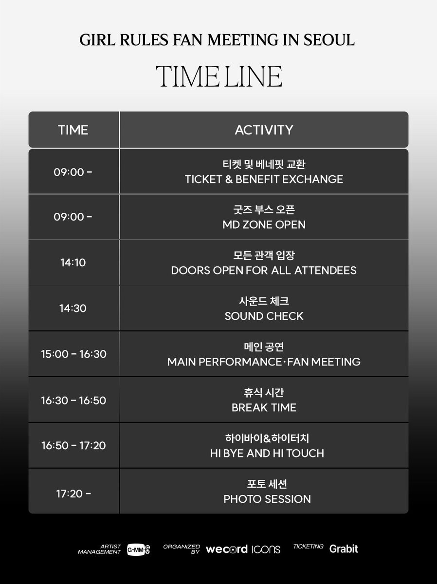 wecord_official's tweet photo. GIRL RULES FAN MEETING IN SEOUL

7월 4일 팬미팅 타임 스케줄을 공개합니다!

이번 서울 팬미팅에서는 재미있는 토크와 게임은 물론,
약 6곡의 특별한 무대가 준비되어 있습니다. 🎤

BB Fan Fest의 뜨거운 열기와 아직 끝나지 않은 여운을
7월 4일 서울에서 다시 만나보세요! 

NamtanFilm, MilkLove, ViewMim
6명의 아티스트 모두를 서울에서 볼 수 있는 단 한 번의 무대!

아직 티켓 구매가 가능합니다.

🎟 Ticket
https://t.co/PUmKGMpF6i

📅 2026.07.04 (SAT) 광운대학교 동해문화예술관

--------------------------------------------------------
GIRL RULES FAN MEETING IN SEOUL

The official schedule for the July 4 Fan Meeting is here!

At this special event in Seoul, you can look forward to not only fun talk sessions and exciting games, but also approximately six special performances. 🎤

Relive the excitement of BB Fan Fest and the unforgettable memories that are still lingering in your hearts—let's meet again in Seoul on July 4!

A one-time-only opportunity to see all six artists together in Seoul:
Namtan, Film, Milk, Love, View, and Mim

Tickets are still available!

🎟 Tickets
https://t.co/PUmKGMpF6i

📅 July 4, 2026 (Sat)
📍 Donghae Arts Center, Kwangwoon University

--------------------------------------------------------
GIRL RULES FAN MEETING IN SEOUL

7月4日粉丝见面会时间表正式公开！

本次首尔粉丝见面会不仅准备了有趣的聊天环节和游戏活动，
还将带来约6首精彩特别舞台表演。🎤

BB Fan Fest的热烈氛围与意犹未尽的感动，
将在7月4日的首尔再次延续！

这是唯��一次能够在首尔同时见到
Namtan、Film、Milk、Love、View、Mim
六位艺人的特别舞台！

目前门票仍可购买。

🎟 购票链接
https://t.co/PUmKGMpF6i

📅 2026年7月4日（周六）
📍 韩国首尔 光云大学 东海文化艺术馆

--------------------------------------------------------
GIRL RULES FAN MEETING IN SEOUL

7月4日開催のファンミーティングのタイムスケジュールを公開します！

今回のソウルファンミーティングでは、
楽しいトークやゲームはもちろん、
約6曲のスペシャルステージもご用意しています。🎤

BB Fan Festの熱気と、まだ冷めやらない感動を
7月4日にソウルで再びお楽しみください！

Namtan、Film、Milk、Love、View、Mim
6人のアーティスト全員をソウルで見ることができる、
この日限りの特別なステージです！

チケットは現在も販売中です。

🎟 チケット
https://t.co/PUmKGMpF6i

📅 2026年7月4日（土）
📍 光云大学 東海文化芸術館（ソウル）

#GirlRulesFMinSeoul #GMMTV #GirlRulesSeries #MilkLove #NamtanFilm #ViewMim