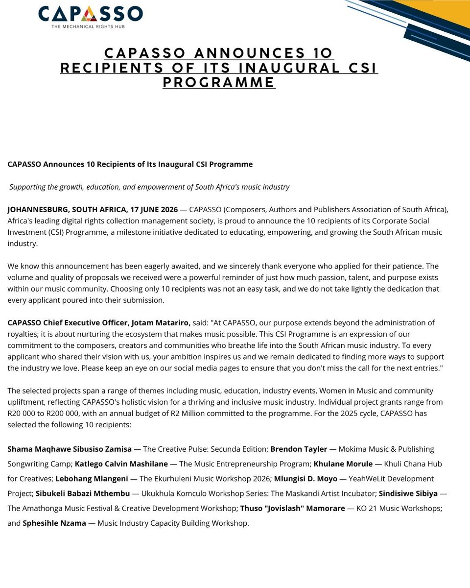 CapassoHub's tweet photo. CAPASSO is pleased to announce the 10 recipients of its inaugural CSI Programme, an initiative dedicated to supporting the growth, education, and empowerment of South Africa's music industry.

#CSI #capasso https://t.co/WHRKByipxJ