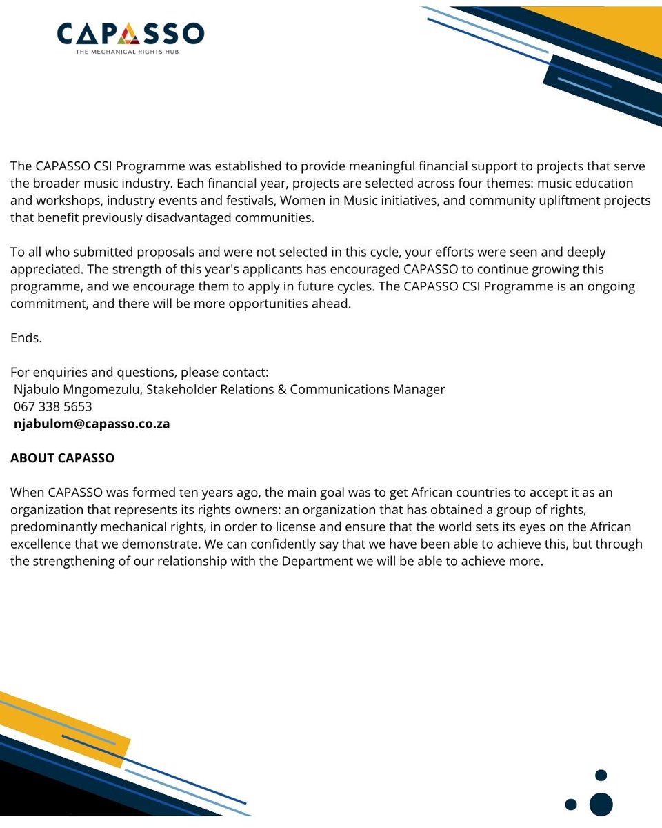 CapassoHub's tweet photo. CAPASSO is pleased to announce the 10 recipients of its inaugural CSI Programme, an initiative dedicated to supporting the growth, education, and empowerment of South Africa's music industry.

#CSI #capasso https://t.co/WHRKByipxJ