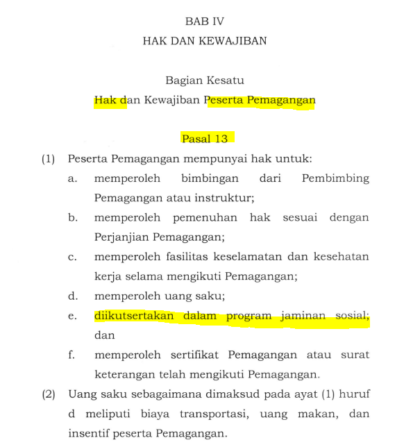 MenteriPekerja's tweet photo. Anak magang tanpa uang saku dan BPJS? Fix, itu program magang ilegal!

1. Uang Saku : Meliputi biaya transportasi, uang makan, dan uang saku (catatan: nilainya tidak wajib setara UMR, tapi wajib ada).

2. BPJS Ketenagakerjaan: Khusus untuk perlindungan Jaminan Kecelakaan Kerja (JKK) dan Jaminan Kematian (JKM).

Konsekuensinya: Perusahaan yang melanggar aturan ini bisa dijatuhi sanksi administratif tegas, mulai dari peringatan tertulis hingga penghentian total program magangnya karena dinilai ilegal.

Dasar : 
Pasal 13 Permenaker 6 tahun 2020.
