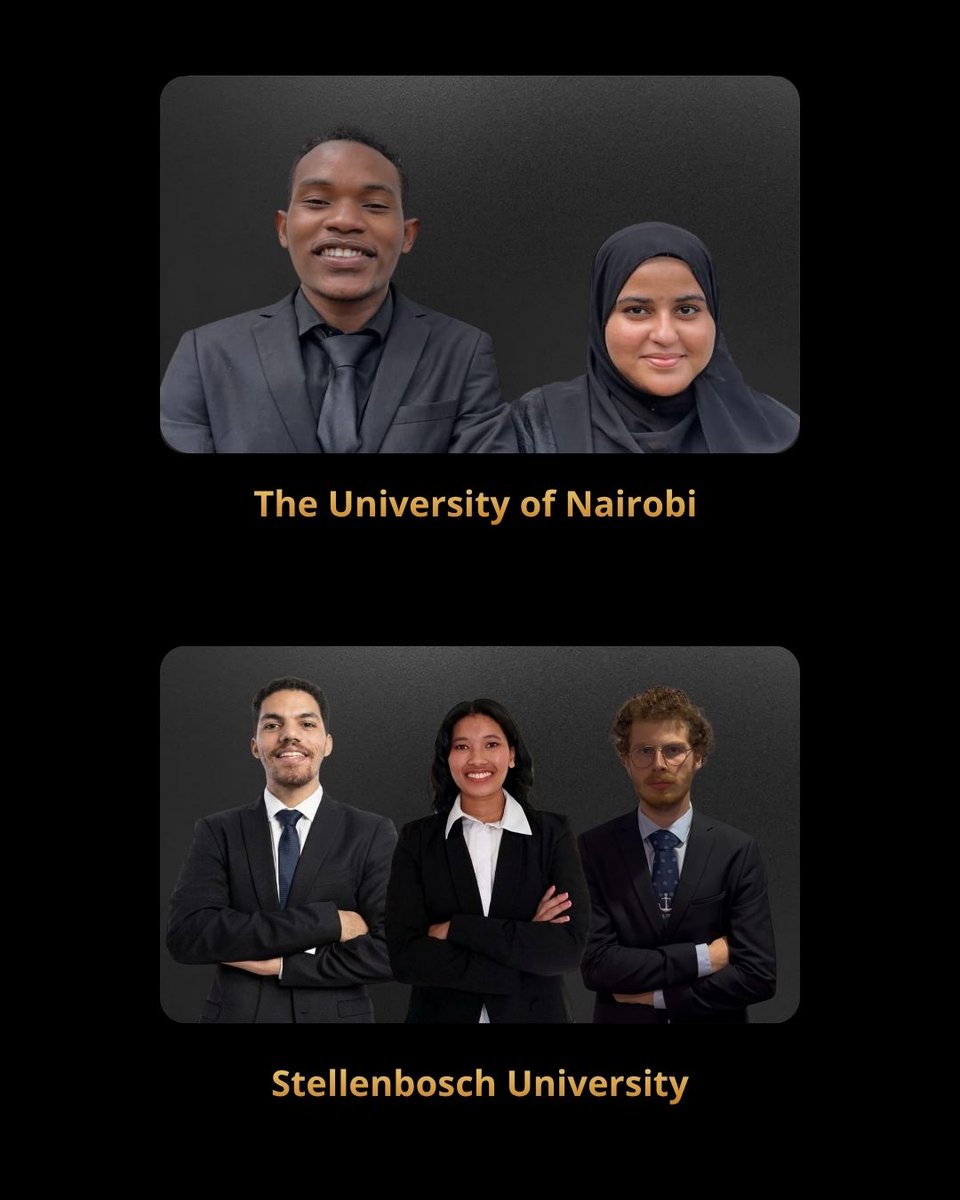 Victorsmoot's tweet photo. Meet The Teams 

Representing The University of Nairobi - Davis K. Mvoi, Fatma Awadhan.

Representing Stellenbosch University - Yusuf Achilles, Tiffany Caesar, Matthew Spira.

#VictorsMoot #9thVictorsMoot https://t.co/UuycMH4Eok