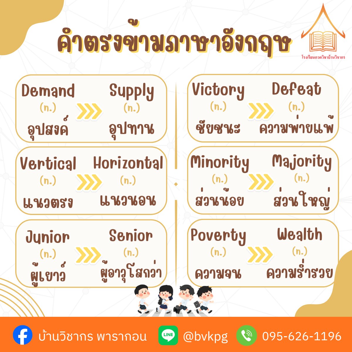 BVK_Official's tweet photo. 📝 อัปเกรดคำศัพท์! รวมคำตรงข้าม (Antonyms) ที่เจอบ่อยในข้อสอบ✨ การจำศัพท์เป็นคู่แบบนี้ ช่วยให้จำแม่นขึ้น 2 เท่าเลยน้า! ✌️
📌บ้านวิชากร สาขาสยามพารากอน
✅ Line ID : @bvkpg
✅ โทร : 0956261196
👉 ปรึกษา / สอบถามข้อมูล / สมัครเรียน
#บ้านวิชากร #เรียนภาษาอังกฤษ #คำศัพท์ภาษาอังกฤษ https://t.co/xsT5q0fAM8