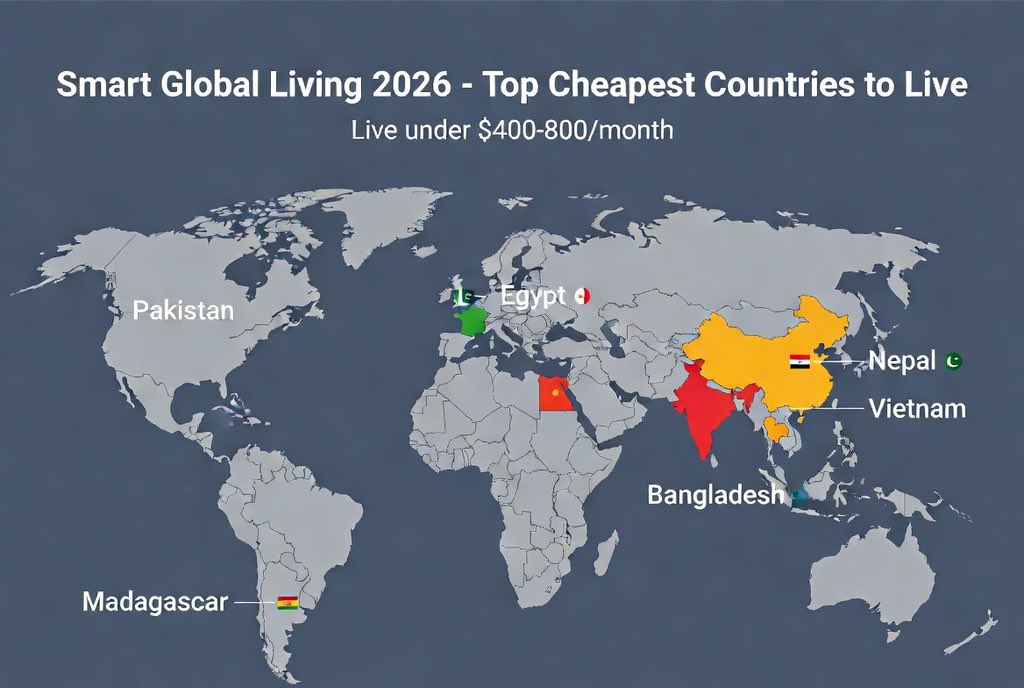 Darleeton3's tweet photo. 🌍 Top  8 Cheapest Countries to Live in 2026 😳

#CheapLiving2026

8 . Vietnam $800-1,200/mo. 
Street meals $1-2, Da Nang rent $250-400, beers $2. Low local prices and cheap transportation. 

7 Indonesia (off Bali) $700-1,100/mo. Rent $200-350, meals $1-3, groceries super cheap. 
Local markets keep everything tiny

6. Egypt $600-1,000/mo. 
Nile rent under $300, 
meals $2-4, utilities low. Fresh produce makes daily costs rock bottom. 🐪