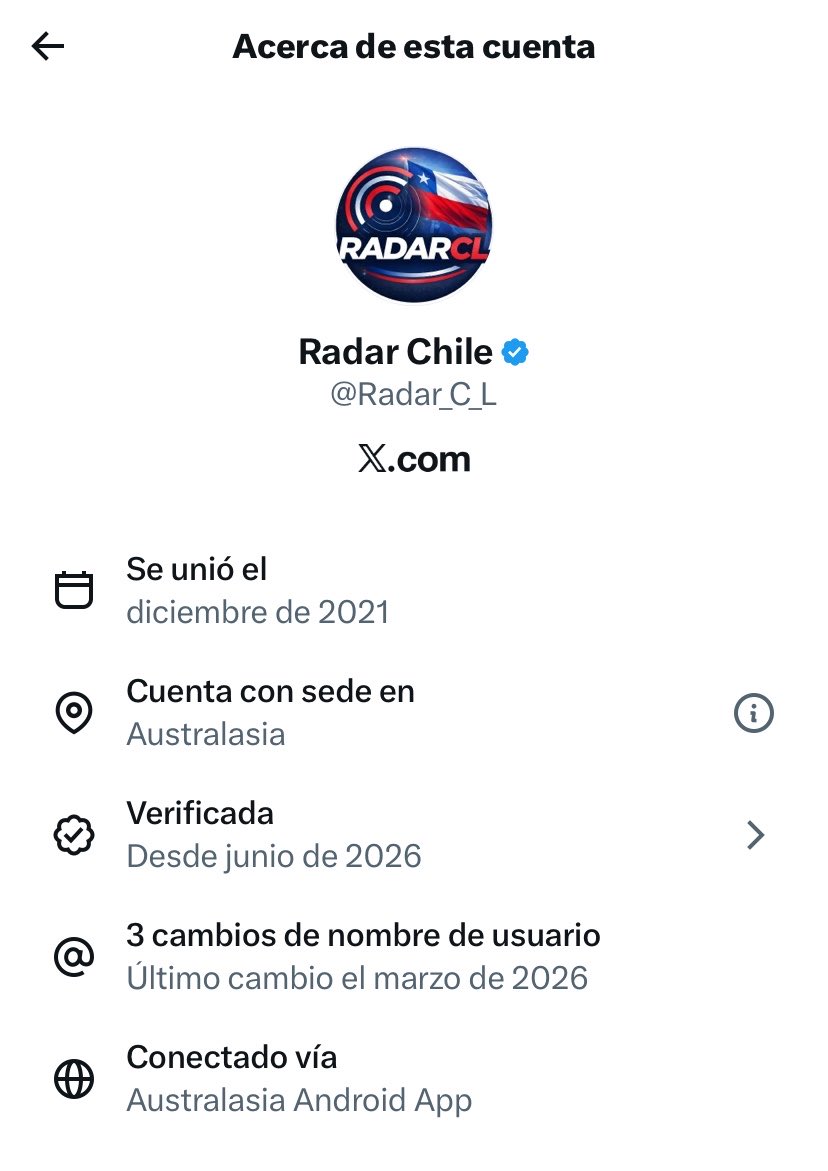Afroinforma's tweet photo. 🚨ATENCIÓN🚨
Miguel Oyarzo @oyarzomigue chileno que reside en Australia, que durante 4 años administró la cuenta “Boric estamos contigo”@estamosconboric le cambió nombre a su cuenta y ahora es @Radar_C_L desde Australia, se dedica a desacreditar al gobierno del @PresidenteKast https://t.co/uw0wM7WGIN