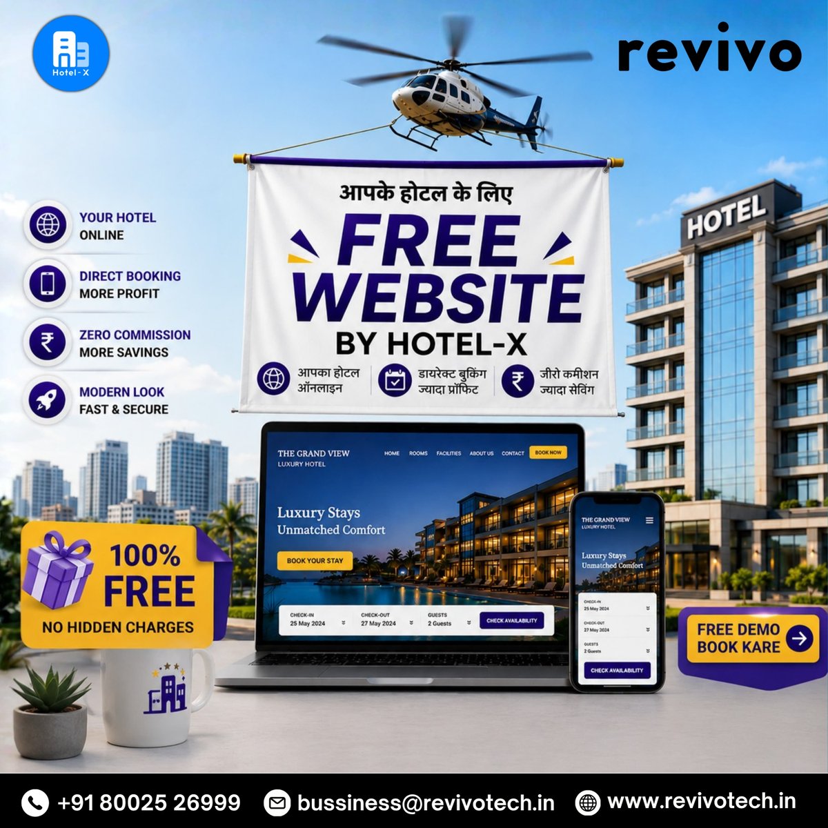 revivotech's tweet photo. 🌐 Get a FREE hotel website with Hotel-X! Boost direct bookings, reduce OTA commissions, and give guests a seamless booking experience. Fast, secure, and designed for growth. 🚀

#HotelX #HotelWebsite #DirectBookings #Hospitality #Revivo https://t.co/Nz8iwYDd1U