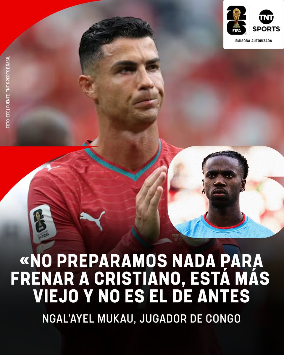 TNTSportsAR's tweet photo. Ante la pregunta de TNT Sports Brasil, Ngal'ayel Mukau se refirió a CRISTIANO RONALDO y lanzó su confesión luego del 1-1 de CONGO ante PORTUGAL 😳🇵🇹7️⃣

🇨🇩🗣️ "Para ser sincero, no preparamos ningún plan para frenarlo. No es el mismo de antes, está MÁS VIEJO ahora", confesó el futbolista africano.

¿Qué te parece? 👀