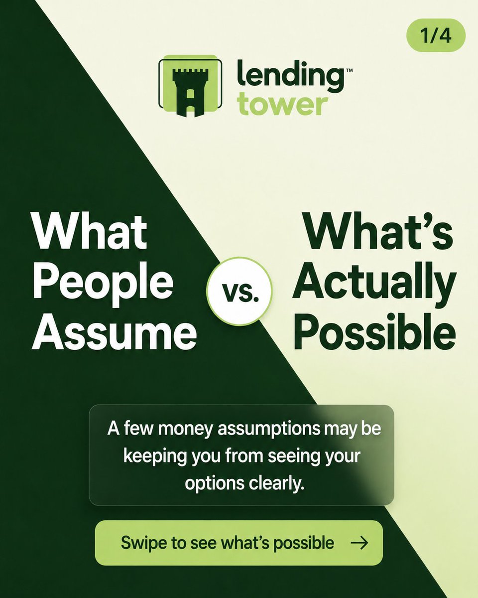 LendingTower's tweet photo. What people assume vs. what’s actually possible. 🧭

A few common money assumptions may be hiding opportunities. Understanding your options can make all the difference. 🔍✨

#FinancialClarity #LoanOptions #LendingTower https://t.co/6GrlGQPcWR