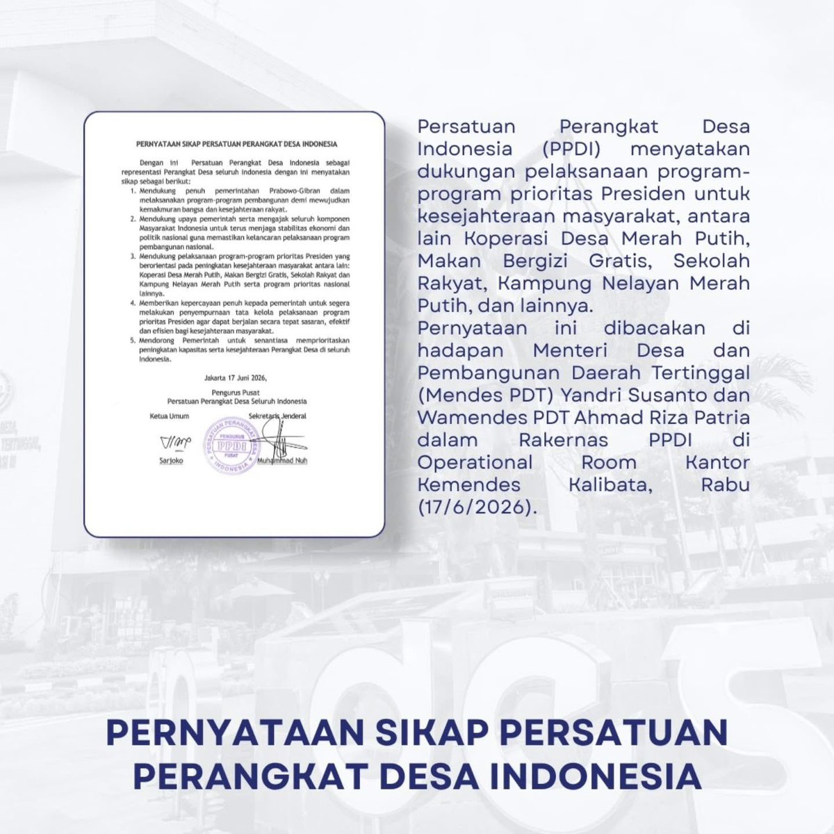 Amay71289's tweet photo. Menteri Desa PDT *Yandri Susanto* , menyambut positif deklarasi Perangkat Desa mendukungan Program KDMP dan MBG, karena menyasar langsung ke masyarakat, dalam Rakernas PPDI di Operational Room Kantor Kemendesa PDT Kalibata, Rabu (17/6/2026).

#KementerianDesaPDT
#BPSDMKementerian https://t.co/PKMphxLNHT