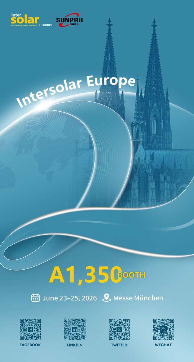 SunproPower's tweet photo. Intersolar Europe 2026 โ 2 Days to Go! โณ
2 days left! Sunpro Power is ready for you at Booth A1.350.
๐ Munich
๐
June 23โ25
See you there! ๐
#IntersolarEurope #SolarEnergy #SunproPower #Munich #Renewables https://t.co/c0YgfpuL5J
