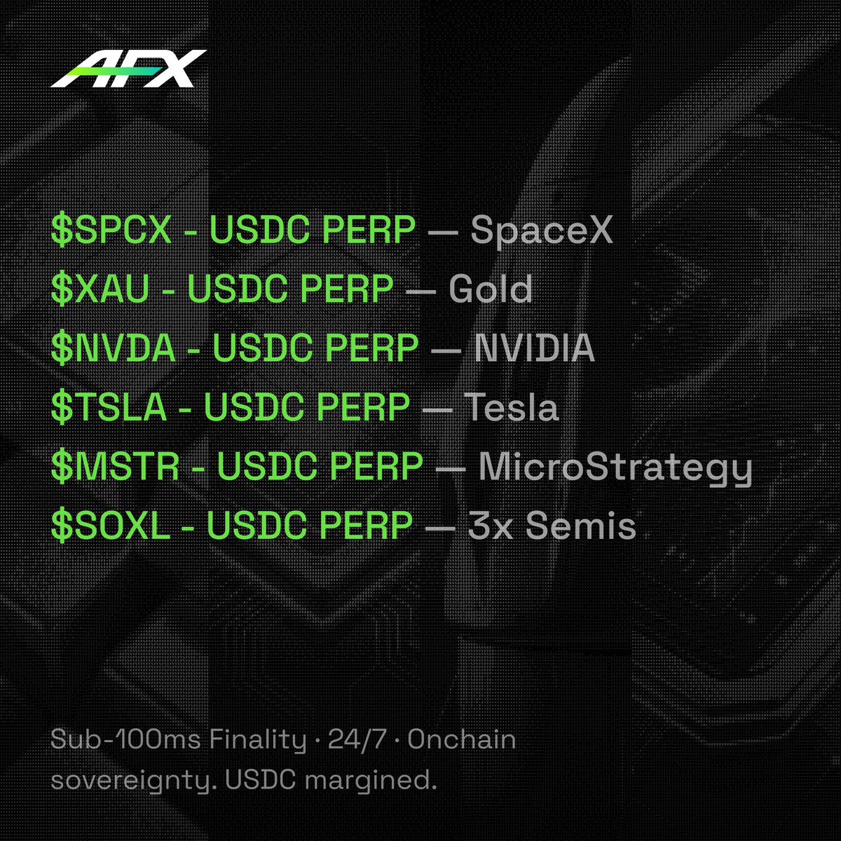 AFX_XYZ's tweet photo. Equity perps. Commodity perps. Crypto-native infrastructure. 

The hottest narratives in one place. Now tradable as perps. 24/7. Fully onchain.

Trade: $SPCX | $NVDA | $TSLA | $MSTR | $SOXL | $XAU 
👉 https://t.co/qbVnrlAPxt https://t.co/psEl2S3jte
