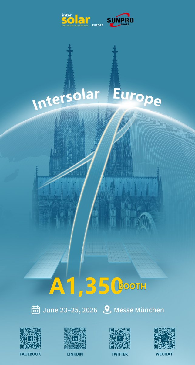 SunproPower's tweet photo. Intersolar Europe 2026 โ 1 Day to Go! ๐
Tomorrow! Sunpro Power at Booth A1.350, Messe Mรผnchen.
Come check out our latest solar solutions. Let's power the future together! โ๏ธ
๐
June 23โ25
๐ Munich
#IntersolarEurope #SolarPower #SunproPower #Munich #CleanEnergy #Tomorrow https://t.co/qgoUesHwtn