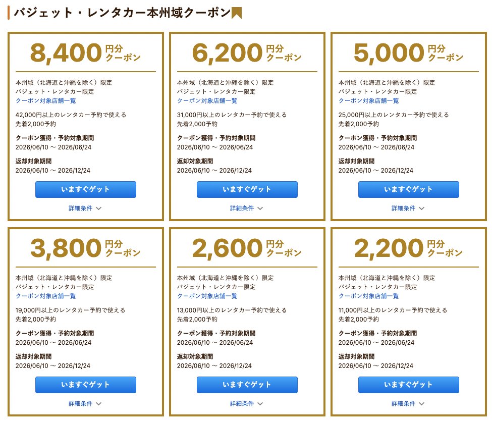 じゃらんレンタカークーポン」配布中 ・Jネット（北海道/本州）10,000
