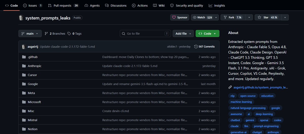 _vmlops's tweet photo. SOMEONE LEAKED THE SYSTEM PROMPTS OF EVERY MAJOR AI

Claude Opus 4.8, Gpt-5.5, Gemini 3.5, Grok, Cursor, Copilot all of them

what's inside:

→ claude's exact rules for when it can refuse you (spoiler: the bar is very high) 
→ gpt-5.5's full thinking vs instant prompt differences → gemini 3.5 flash tools config in raw json 
→ cursor's complete coding agent instructions 
→ docker, zed, perplexity, notion all leaked

this isn't jailbreaks. this is the actual personality, behavior, and constraint layer shipped with every response you've ever gotten from these models
the ai companies know this repo exists
