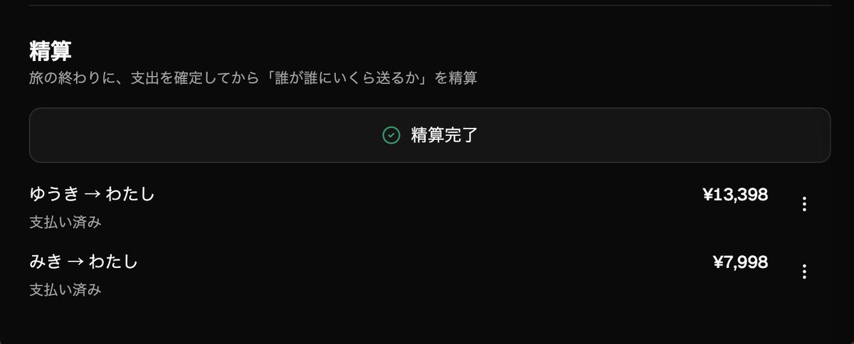 Sidori_app's tweet photo. Sidori v1.5.0 をリリースしました！

🧾 旅行の割り勘ができるように
・支出を「誰が・いくら・誰の分」で記録
・最少の送金回数で自動精算（4件の立替→2回に）
・支払い済みも管理、全員ゼロで完了

実際の画面はこんな感じです👇

https://t.co/51z85TOIbA

#Sidori #旅行 #個人開発 https://t.co/HhAw1eO2K8