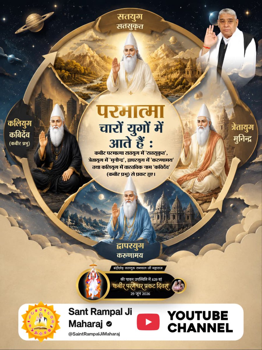 bdravat's tweet photo. #परमात्मा_चारों_युगमें_आतेहैं
#SantRampalJiMaharaj 
कबीर परमात्मा सतयुग में 'सतसुकृत', त्रेतायुग में 'मुनीन्द्र', द्वापरयुग में 'करुणामय' तथा कलियुग में वास्तविक नाम 'कविर्देव' (कबीर प्रभु) से प्रकट हुए। 👇👇👇👇👇 https://t.co/6RJBvkEqob