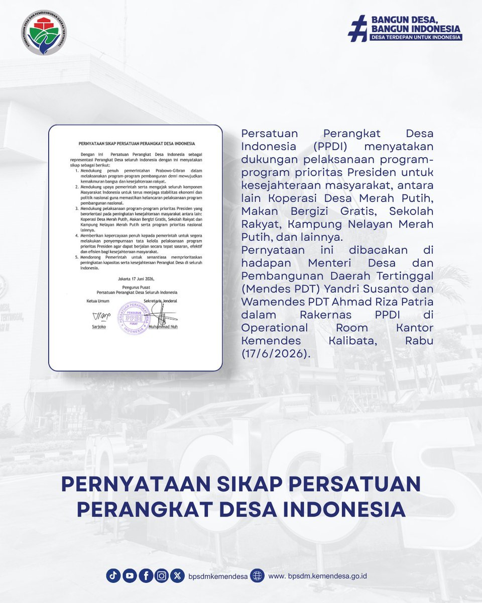 TamimAshar's tweet photo. Menteri Desa PDT @YandriSusanto , menyambut positif deklarasi Perangkat Desa mendukungan Program KDMP dan MBG, karena menyasar langsung ke masyarakat, dalam Rakernas PPDI di Operational Room Kantor Kemendesa PDT Kalibata, Rabu (17/6/2026).

#KDMPdanMBGProgramStrategis https://t.co/TmP2BL2oIz