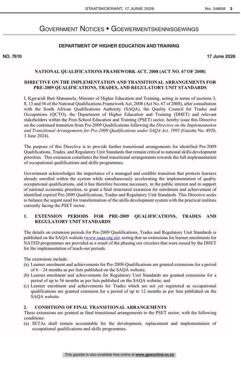 HigherEduGovZA's tweet photo. Directive on the Implementation and Transitional Arrangements for Pre-2009 Qualifications, Trades, and Regulatory Unit Standards.

#DHET
#OccupationalQualifications
#SkillsDevelopment https://t.co/vpOFDObgwN