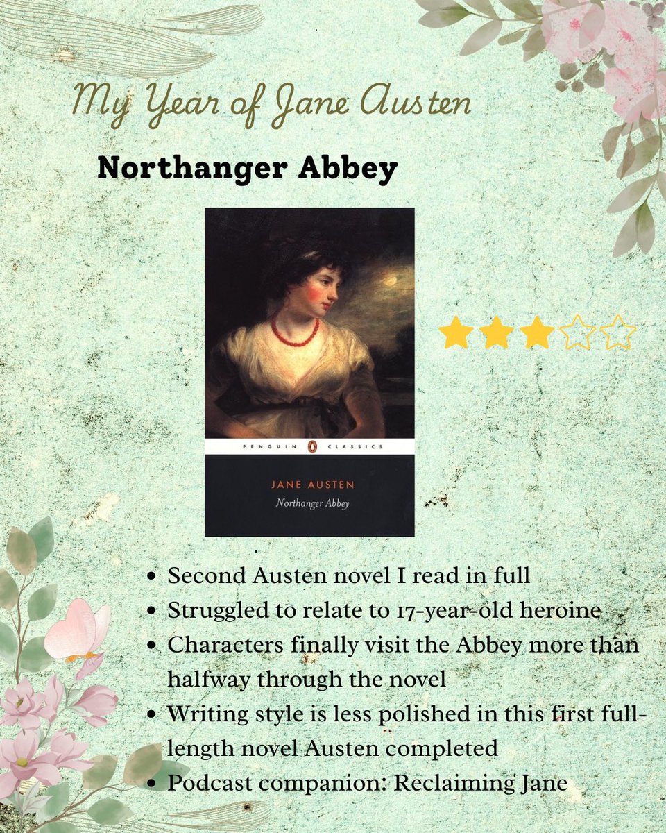 HappyReading24's tweet photo. 2026 is my year of Jane Austen's novels. After beginning with Persuasion in February, our Jane Austen Book Club is reading them in the order they were written.

We read Northanger Abbey in April and retellings in May and June. See my comments and star ratings in the images. https://t.co/cVW8z9e86j
