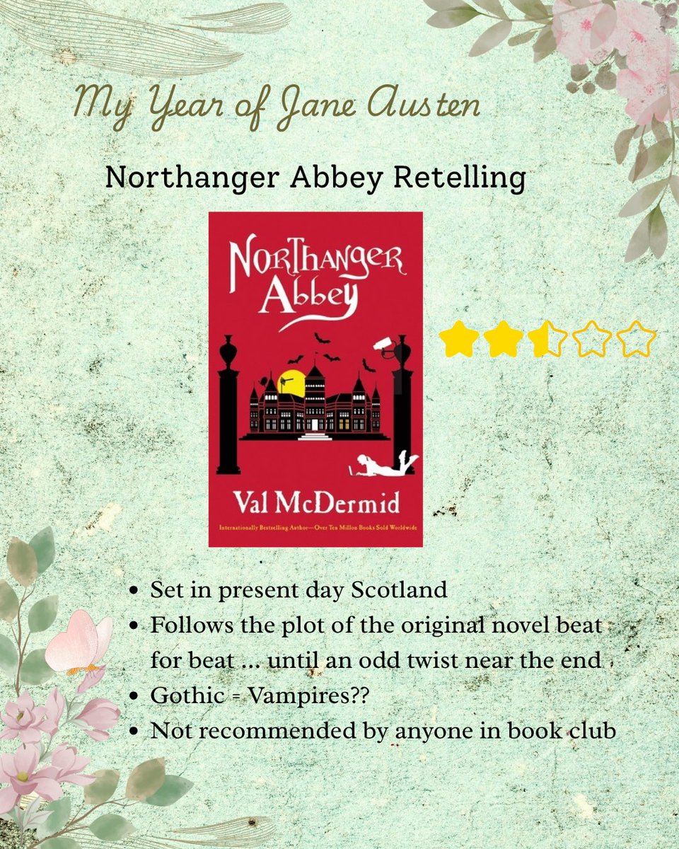 HappyReading24's tweet photo. 2026 is my year of Jane Austen's novels. After beginning with Persuasion in February, our Jane Austen Book Club is reading them in the order they were written.

We read Northanger Abbey in April and retellings in May and June. See my comments and star ratings in the images. https://t.co/cVW8z9e86j