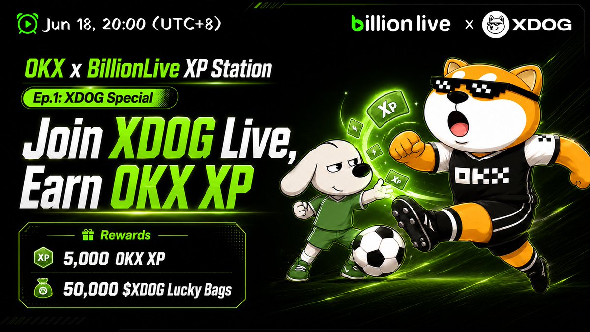 Billion_Global's tweet photo. Another upset? Your @OKX World Cup Prediction XP got wiped out?

No worries. 5,000 XP and 50,000 $XDOG are coming. BillionLive teams up with OKX and XDOG to help users reload and get ready for the next match.

📢 OKX x BillionLive XP Station Ep.1: XDOG Special

Topic: Join XDOG Live, Earn OKX XP & $XDOG
Host: XDOG @xdog_meme
Time: June 18,  (UTC+8)

Leaderboard players will join the XDOG community live to break down the OKX World Cup Prediction campaign, from participation methods and XP paths to prediction experience and campaign mechanics.

🎁 Live-room rewards:
5,000 OKX World Cup Prediction XP
50,000 $XDOG Lucky Bags

Watch live, predict and win big on #Billionlive

又爆冷？@OKX 世界杯预测活动 XP 惨遭清空？

别急，5,000 XP，50,000 $XDOG 空投来袭！BillionLive 携手 OKX 、XDOG，帮助用户“回血”，再战下一场！

直播间福袋抽不停，周边好礼拿不断，更有预测大神指导如何血赚世界杯！

📢 OKX x BillionLive 加油站第一期 XDOG 专场！

主题：XDOG 直播间互动赢豪礼，OKX 世界杯预测赚不停
主播：XDOG @xdog_meme
时间：6月18日  (UTC+8)

上榜大神空降直播间和 XDOG 社区一起，从参与方式、XP 获取，到预测经验和活动玩法，全面解读 OKX 界杯预测活动。

🎁 直播间将送出：
5,000 OKX 世界杯预测活动 XP
50,000 $XDOG 福袋

看直播，玩预测，赢大奖，就来 #Billionlive