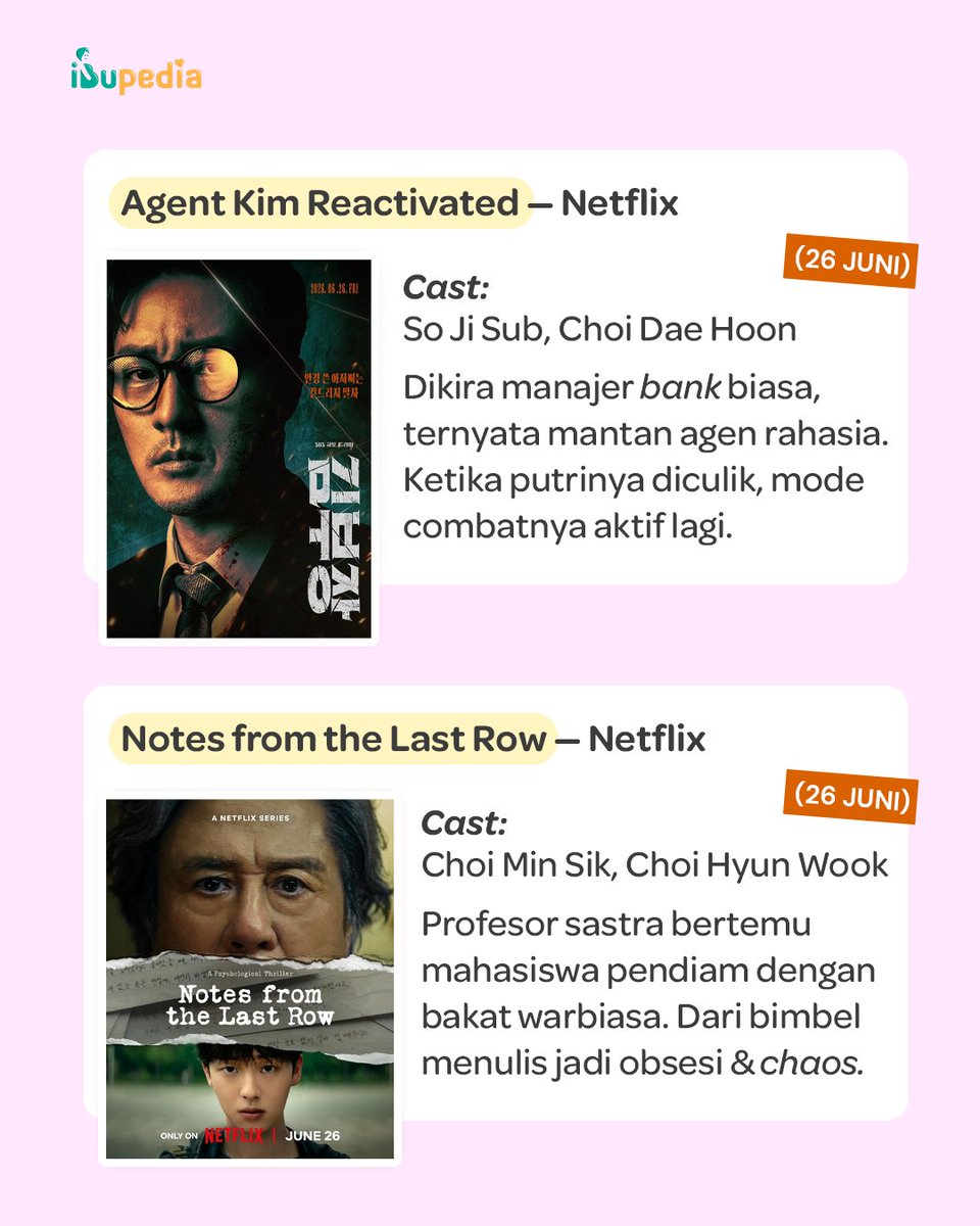 Ibupedia's tweet photo. Ibumin sih penasaran banget sama Teach You a Lesson dan My Royal Nemesis 🤭 

Kalau Buibu lagi nonton yang mana? Ada yang wajib masuk watchlist juga gak? Share dong biar kita racunin satu sama lain 😆 https://t.co/JGjXqQWWIB