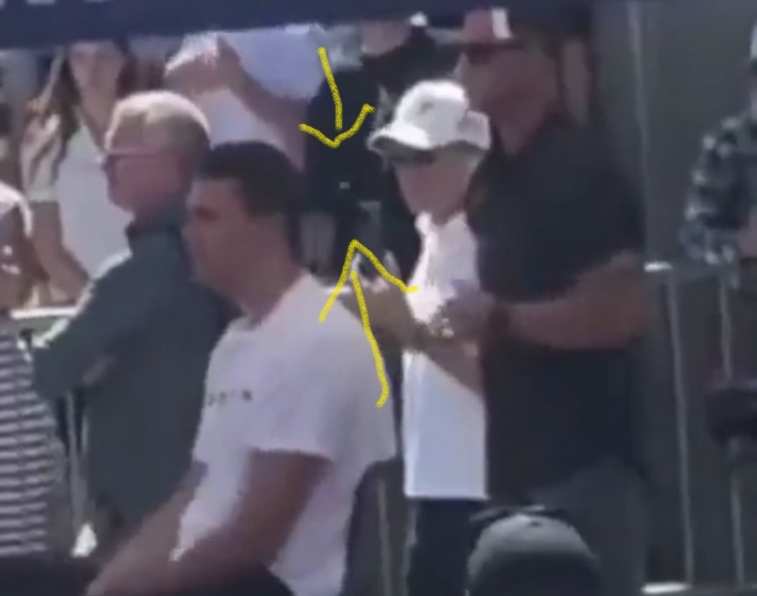 JimmyFalk_55's tweet photo. Interesting...Interesting...👀

Here's the CHARLIE KIRK...ZAPRUDER FILM... 

ALL YOU NEED TO SEE...👀 

Frank Turek communicating via hand signals with Charlie's head of security....Right before the shot. 

If you focus on the black T-shirt guy...IN THE BACKGROUND...you can see the projectile flying through the air towards Charlie at the 6.8 second mark. (From Charlie's Back Right).