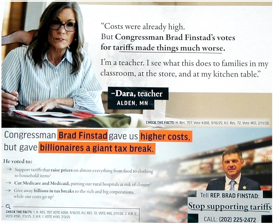 McPhersonHall's tweet photo. Spouse : What came in the mail today ?
Me : A note from Dara saying that #RepFinstad gave "billionaires a giant tax break"
Spouse : I thought that #BradFinstad was gonna to focus on families. I checked #FinstadVotes and he is supporting #TrumpTariffs which has made things worse https://t.co/oV8NqIGFSh