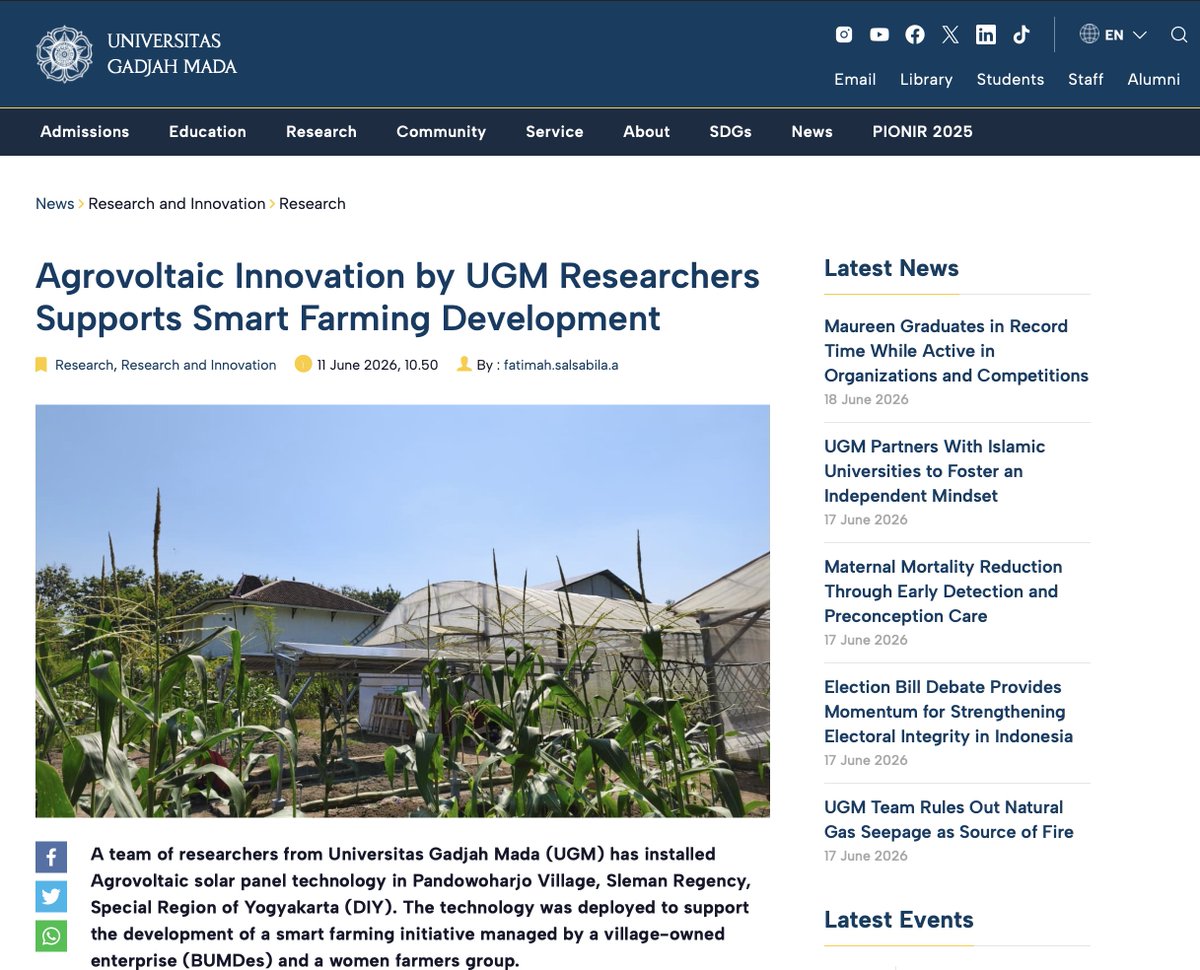 AAS_UGM's tweet photo. From Lab to Field
RELab (Renewable Energy Laboratory) Universitas Gadjah Mada to DemPlot (Demonstration Plot)

https://t.co/zj049GkqWU

Agrovoltaic Innovation by UGM Researchers Supports Smart Farming Development https://t.co/t7kYMsWSiY