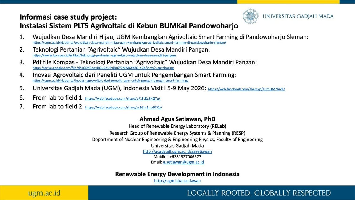 AAS_UGM's tweet photo. From Lab to Field
RELab (Renewable Energy Laboratory) Universitas Gadjah Mada to DemPlot (Demonstration Plot)

https://t.co/zj049GkqWU

Agrovoltaic Innovation by UGM Researchers Supports Smart Farming Development https://t.co/t7kYMsWSiY