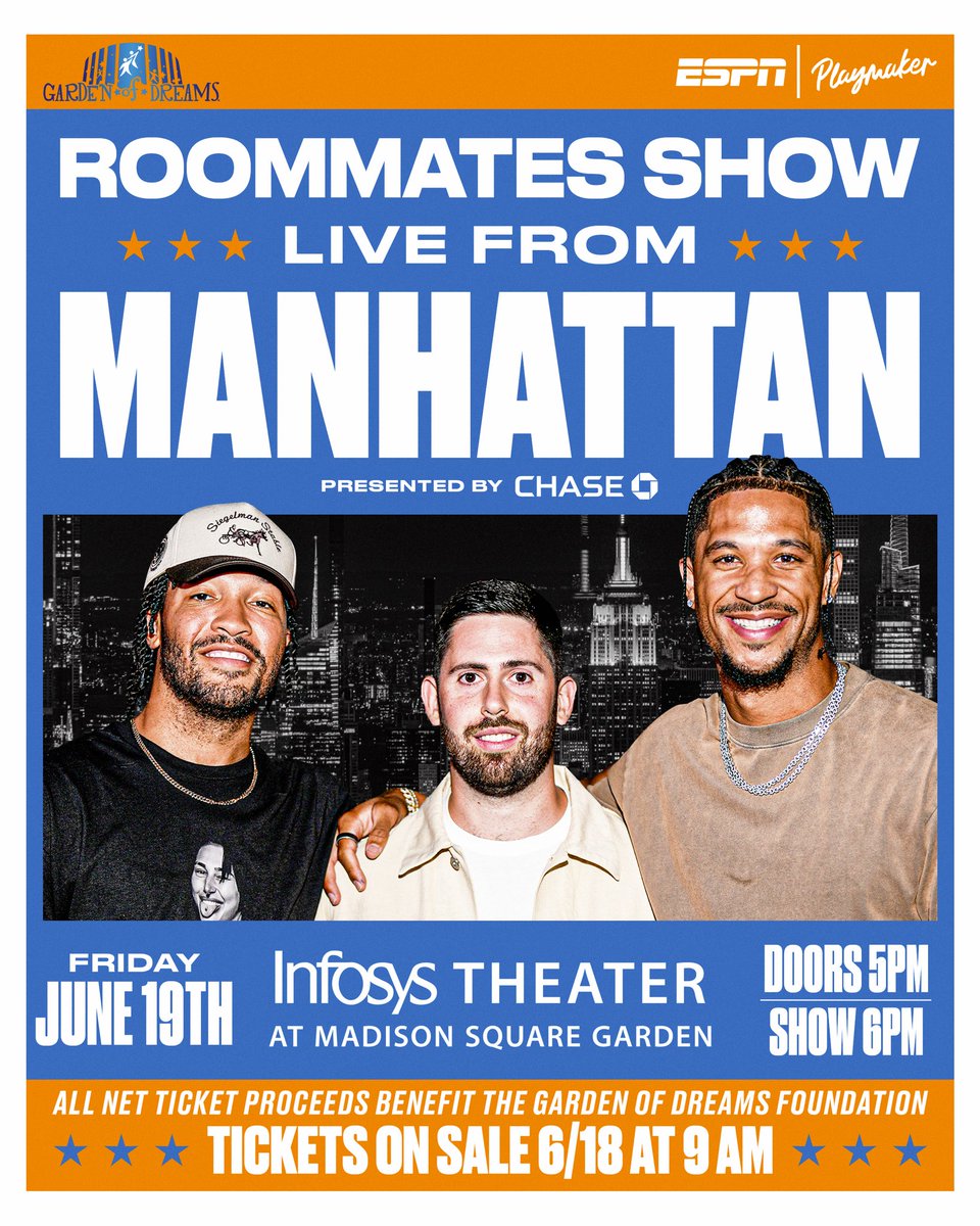 Roommates__Show's tweet photo. NBA Champions @jalenbrunson1 @joshhart and @matthillman_ are coming to @InfosysTheater on Friday, June 19th for a LIVE episode of The Roommates Show to benefit Garden of Dreams Foundation presented by @Chase!

Tickets go on sale to the general public tomorrow at 9am ET. The live show with special guests will also air on ESPN at 10:00PM ET!

Tickets: https://t.co/R75DVr8GLD