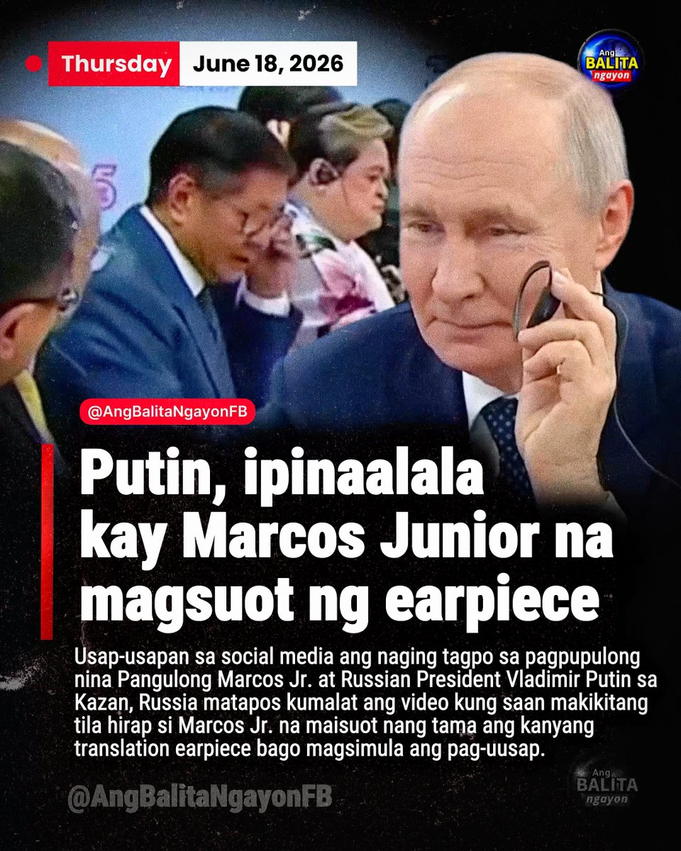 BalitaNgayonFB's tweet photo. PUTIN, IPINAALALA KAY MARCOS JR. ANG EARPIECE?

Nag-viral sa social media ang isang sandali sa pagpupulong nina Pangulong Ferdinand Marcos Jr. at Russian President Vladimir Putin sa Kazan, Russia matapos mapansing wala pang suot na translation earpiece ang Pangulo bago magsimula ang bilateral meeting.

Sa kumalat na video, makikitang itinuro ni Putin ang earpiece, na tila paalala kay Marcos Jr. na isuot ito. Ilang sandali ring inayos ng Pangulo ang kagamitan bago tuluyang maisuot nang tama.

Dahil dito, umani ng iba’t ibang reaksiyon online ang naturang tagpo, kung saan napansin ng ilang netizens na tila nahirapan muna si Marcos Jr. sa pagsuot ng earpiece habang naghihintay ang mga delegado ng magkabilang panig.