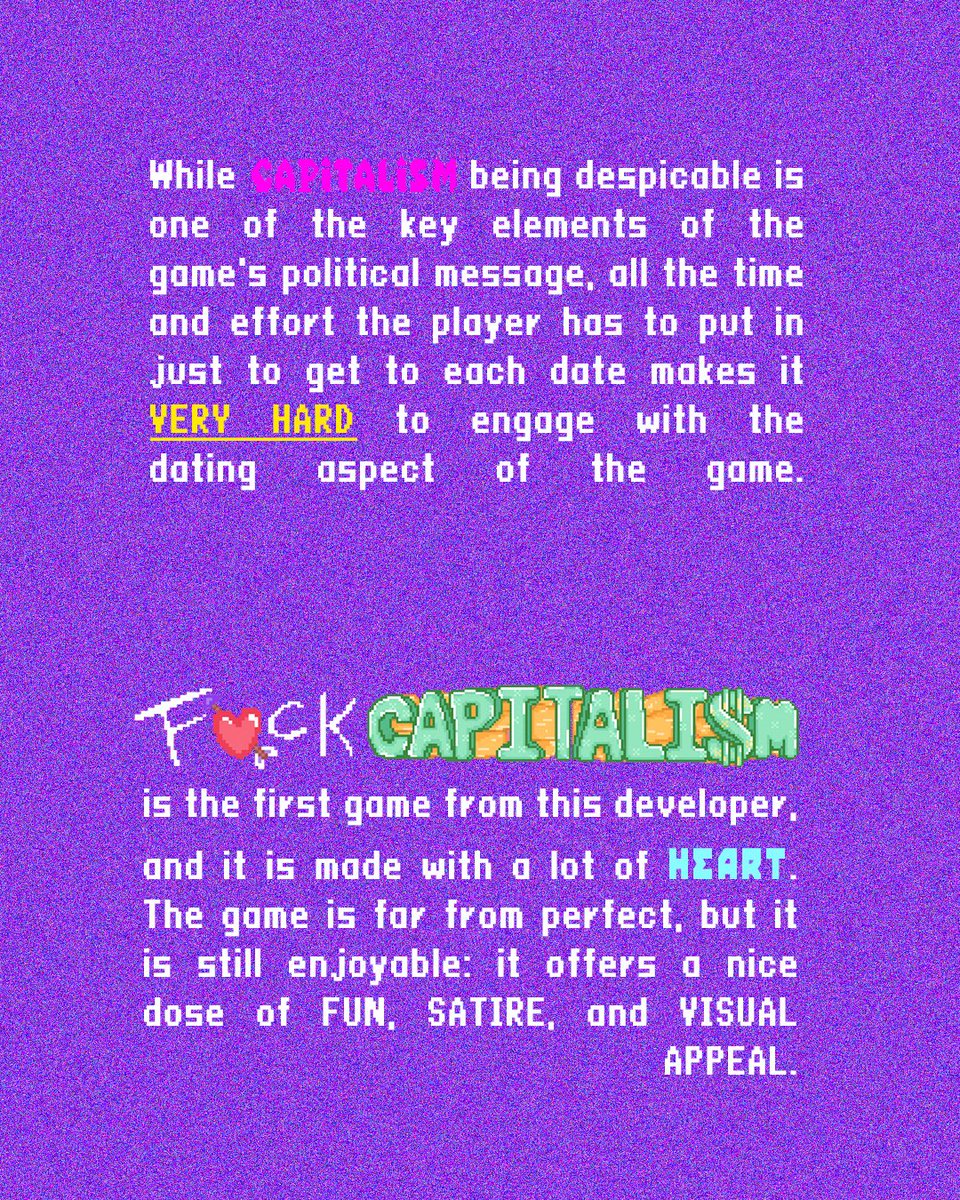 QueerComGames's tweet photo. If you had a date with Capitalism, what would you say?

F💘ck Capitalism is a satirical visual novel by Three Frogs created for the @fxckcapitalism where you date Capitalism, buy him gifts, and try to make him less unbearable.

Read the full review on our Instagram. https://t.co/iIMMYWLYUl