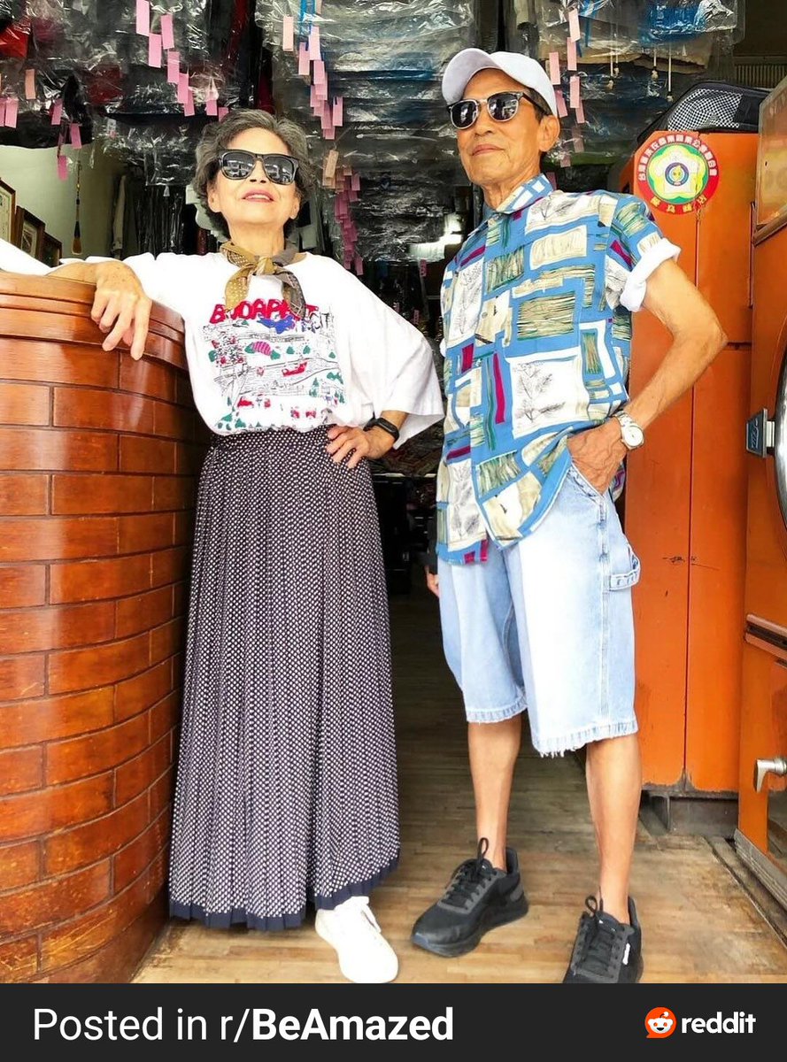 mayhemotherside's tweet photo. A Taiwanese couple becomes fashion icons by posing in clothes left at their laundromat. Definitely works 😎 https://t.co/1VtFcenppj