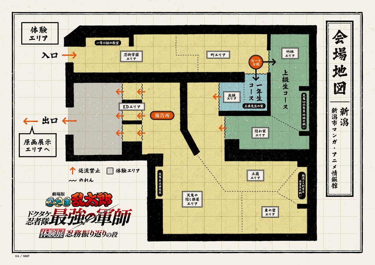 nintama_eiga's tweet photo. ／ 
 #忍たま映画体験展 新潟会場
体験エリアの地図を公開！
＼
一年生コースと上級生コースで体験できるエリアと謎の難易度が変わります！
先行チケットの販売は7月17日（金）23:00まで！

〇イベント詳細はこちら〇
https://t.co/IPBd7TFLAH

#忍たま映画 #忍たま映画体験展 https://t.co/drBAhDTqAC