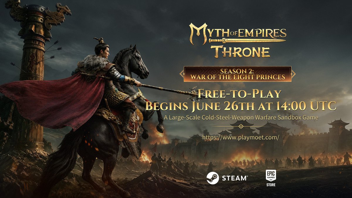 PlayMOET's tweet photo. Myth of Empires: Throne Season 2 “War of the Eight Princes” Launches on June 26 – Character Pre-Creation Opens June 23
Myth of Empires: Throne Season 2, War of the Eight Princes, will officially launch on June 26, 2026 at 14:00 UTC. A brand-new seasonal gameplay theme, expanded progression systems, and numerous gameplay improvements will arrive simultaneously, bringing Generals an even more intense experience of large-scale Guild warfare.
Character Pre-Creation will open on June 23, 2026 at 14:00 UTC. Players will be able to create their characters in advance, gather their allies, and prepare for the journey ahead. At the same time, a variety of catch-up and support rewards will be available for returning and new players, helping everyone quickly establish themselves on the battlefield.

A Free-to-Play Seasonal Warfare Sandbox Experience
Myth of Empires: Throne is a free-to-play seasonal large-scale cold-weapon warfare sandbox game.

Players can build settlements, develop Guilds, manage resources, tame mounts, and participate in massive siege battles and territorial conflicts across a vast world, forging their own war stories alongside players from around the globe.

From humble beginnings to establishing powerful Guilds, from resource accumulation to competing for supremacy, every player will experience a complete journey of growth and conquest within the seasonal system while fighting for honor and the throne amid an ever-changing battlefield.

Season 2 Trailer Now Available
With Season 2 approaching, the official Season 2 trailer has now been released.

Presented from the perspective of a soaring eagle overlooking the battlefield, the trailer showcases the grand scale of warfare during the War of the Eight Princes season. Violet Dawn Shells are invested into Boundary Markers, reigniting long-dormant conflicts. Rainforests, deserts, snowfields, and canyons form new strategic battlegrounds. Elephants and Rhinos roam across the wilderness, cavalry charges thunder across the plains, Air Fortresses dominate the skies, and Guilds rally their forces in pursuit of victory.

A new season. A new campaign.
The battle for ultimate power across the entire server is about to begin.
YouTube：https://t.co/dWrdSxHmrS

Season 1 Settlement and Seal Period
Season 1 will officially conclude on June 21 at 00:00 UTC, after which a two-day Season Seal period will begin, allowing players to complete seasonal settlement procedures and preserve eligible content.
Once the Seal period ends, all players will embark on a fresh journey within a brand-new seasonal environment and enter the era of the War of the Eight Princes.
• Season Inheritance & Seal System Overview: https://t.co/R4e8admexl 

Season 2 Core Gameplay: War of the Eight Princes
As the flagship feature of Season 2, War of the Eight Princes introduces a new seasonal competitive structure focused on resource management and Guild rivalry, emphasizing long-term strategic planning and territorial competition.

In this system, competition between Guilds extends far beyond individual battles. Resource control, stronghold placement, strategic operations, and alliance coordination will all play crucial roles in determining the outcome of the season.

Players can obtain the seasonal resource Violet Dawn Shells through multiple activities and invest them into Boundary Markers, generating Violet Dawn Essence over time. This Essence contributes directly to Season Guild Points, influencing Guild rankings and the overall seasonal landscape.

Meanwhile, three key strategic locations known as Prayer Pillars will appear on every map.

Boundary Markers deployed within Prayer Pillar regions gain significantly higher Violet Dawn Essence conversion efficiency, accelerating Guild Point generation. However, these high-value areas also become prime targets for rival Guilds, creating a constant balance between risk and reward.

As the season progresses, Guilds will continually compete over resource control, Boundary Marker management, and strategic objectives, driving the conflict forward until the true ruler emerges.

Major Features and Improvements in Season 2
Alongside the War of the Eight Princes seasonal theme, Season 2 introduces a wide range of new content and gameplay improvements:
• PvE Servers and Latin America Servers
• Increased Copper Coin income across all maps
• Enhanced Mount systems and mounted combat experience
• Elephants and Rhinos gain resource gathering abilities
• New Season Reward Catch-Up system
• New Seasonal Talents and Apocalypse Orb Affixes
• New Legendary Warriors: Ma Teng and Xun Yu
• New Armor and Weapon Appearances
• Profession skill balance adjustments
• Air Fortress and siege warfare balance improvements
Additional details regarding Season 2 features and gameplay rules will be revealed through future official announcements.

Join the Battlefield Now
Myth of Empires: Throne is now free to play and available through the following platforms:
• Official Website: https://t.co/Jy2NVjTfQY 
• Steam: https://t.co/O475GpYR29 
• Epic Games Store：https://t.co/k5RLxZfYt4

Join the Official Community
Discord：https://t.co/7DiDGV8BUr

Season 2: War of the Eight Princes officially begins on June 26 at 14:00 UTC.
Will you defend your territory and steadily build your power, or march across the land in pursuit of domination? Will you forge an empire alongside your allies, or rise above the chaos through your own ambition?

The choice is yours.

Generals, the banners have been raised and the horns have sounded.
The struggle for the throne is about to begin.