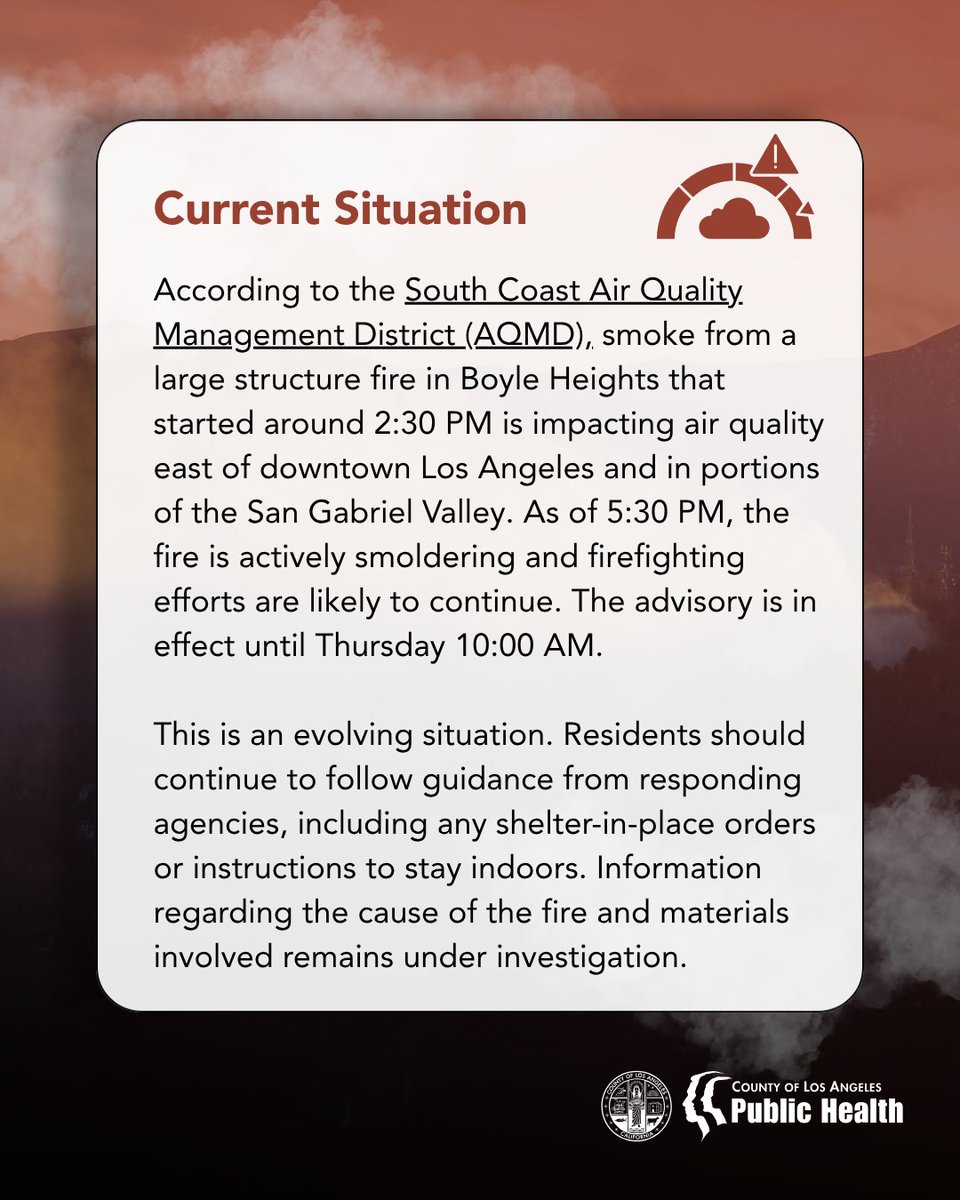 lapublichealth's tweet photo. Smoke Advisory. Unhealthy air quality declared due to warehouse fire in Boyle Heights. Public Health is monitoring and coordinating with partners in the response. Swipe for more information. https://t.co/N2pverKb0F