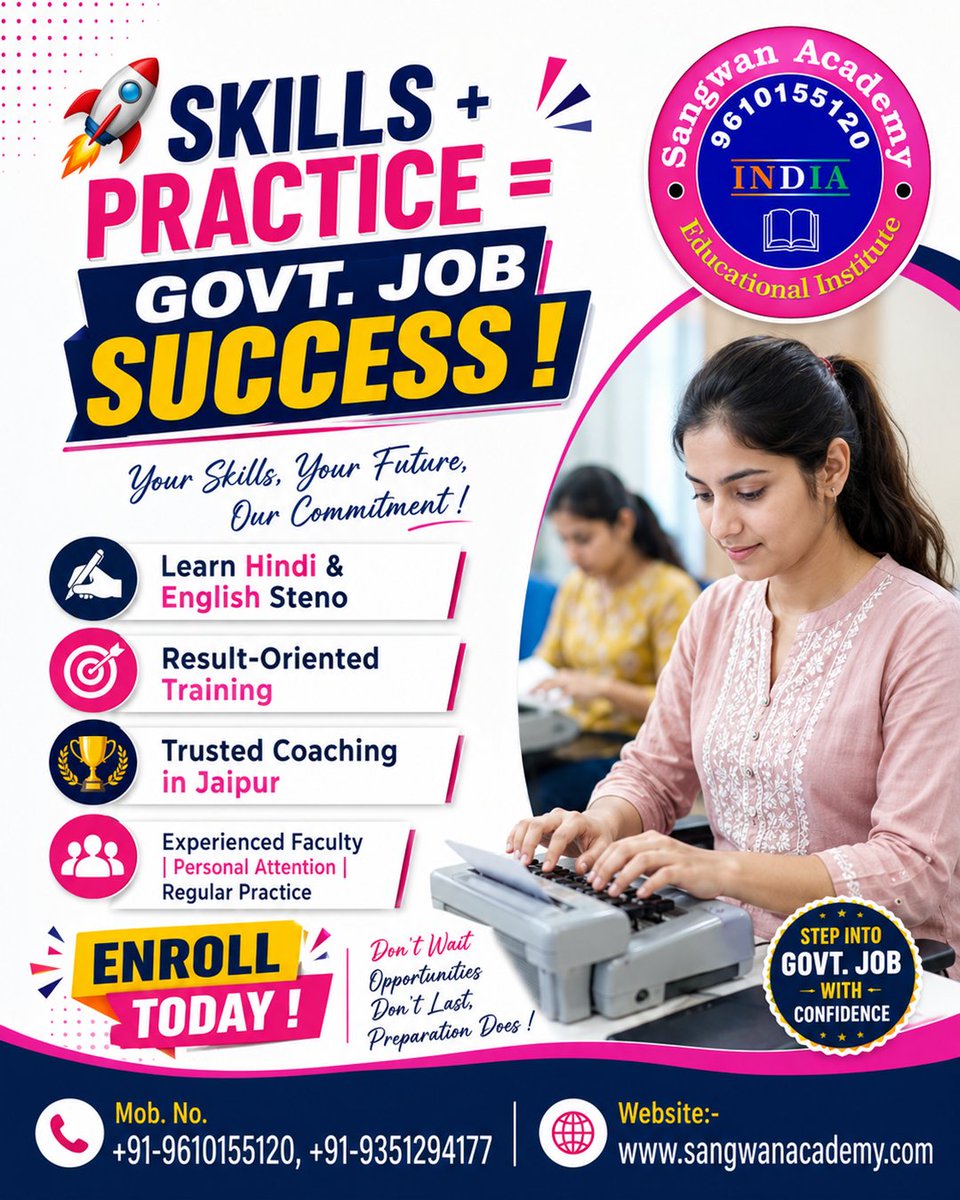 SangwanAcademy's tweet photo. 🚀 Success in Govt. Jobs Starts with the Right Skills!
Master Hindi &amp; English Steno with expert guidance
📞 Enroll Today &amp; Start Your Journey!
👉Mob. No.:- 09610155120
👉Whats App -https://t.co/1jtRLO6xLr
👉Website:- https://t.co/7C4W3hYoER
#StenoClasses #HindiSteno #EnglishSteno https://t.co/chP3BJFe4e
