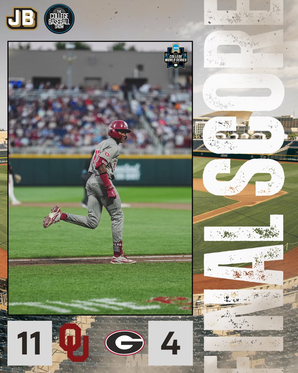 CollegeBSBShow's tweet photo. OKLAHOMA WALLOPS GEORGIA AND THE SOONERS WILL PLAY NORTH CAROLINA IN THE CWS CHAMPIONSHIP💣 https://t.co/q89GzXZvgX