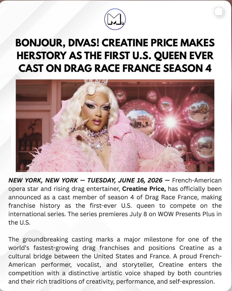 CreatinePrice's tweet photo. Ah oui ! @THETonyMorrison thank you so much ! So happy to rep the United States ๐บ๐ธ for the first time ever on @DragRace_Fr ๐ซ๐ท ๐
๐ฝ #dragracefrance #creatineprice https://t.co/K115a6Fp7n