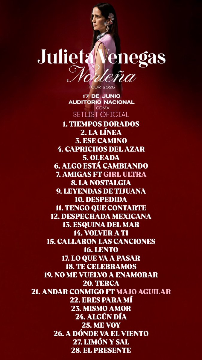 ailoviutl's tweet photo. Les comparto el SETLIST OFICIAL de: JULIETA VENEGAS @ Auditorio Nacional; CDMX 🏟️ Miércoles 17 de Junio del 2026 🗓️ Norteña Tour 🤠 México 🇲🇽 

🚨 Repertorio con la lista exacta de canciones que cantará esta noche 🚨

#JulietaVenegas #Concert #Concierto #México #CDMX #Ailoviutl #Auditorio #Nacional #Music #Música #AuditorioMX #Fest #Festival #Norteña #NorteñaTour #Setlist #Repertorio #Setlists #ListaDeCanciones