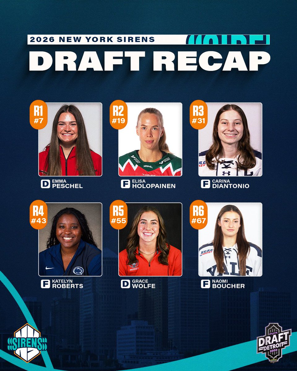 PWHL_NewYork's tweet photo. Now presenting... your 2026 New York Sirens Draft Class!!! https://t.co/fzzWPByIGs
