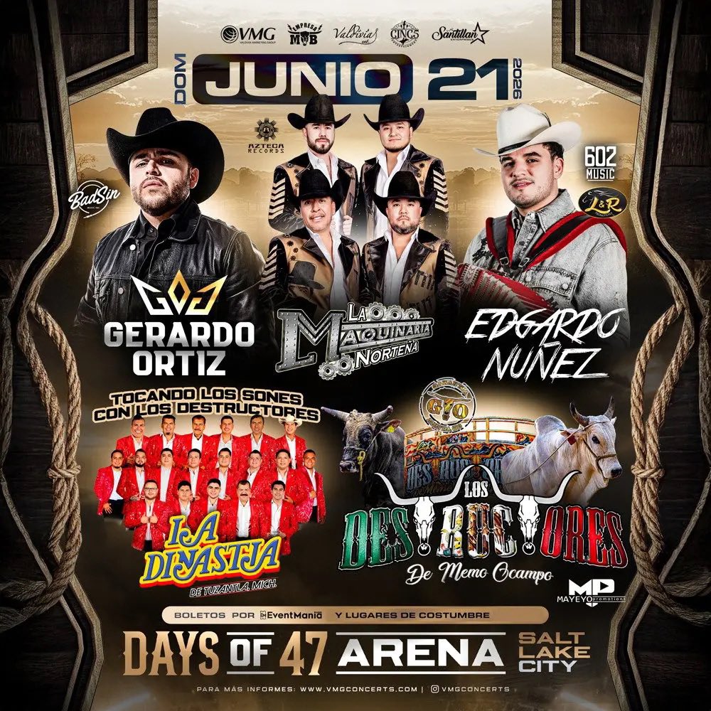 EventmaniaTix's tweet photo. 📍 Salt Lake City, UT!
🎶 Gerardo Ortiz, La Maquinaria Nortena, Edgardo Nuñez, La Dinastia De Tuzantla y Los Destructores!
🗓️ Domingo 21 de Junio en el Days of 47 Arena!
🎟️ Consigue tus boletos aqui: https://t.co/sjGVvVDfGz
🤠 Ya se armoooo! #eventmania https://t.co/U9lSYVOC30