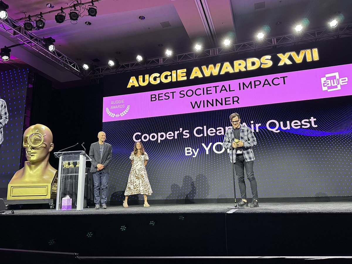 DigitalLA's tweet photo. Auggie Award winners:

Reality Capture: Cintoo

Societal Impact: Cooper's Clean Air Quest by YORD

AI: XR Vibe Coding by Google 

Ethical Product: SecureMR by Pico 

Startup: PROLO CG Technologies 

Art Festival: Reality Looks Back by Superposition 

@ARealityEvent #AWE2026 https://t.co/2zfBnckQvM