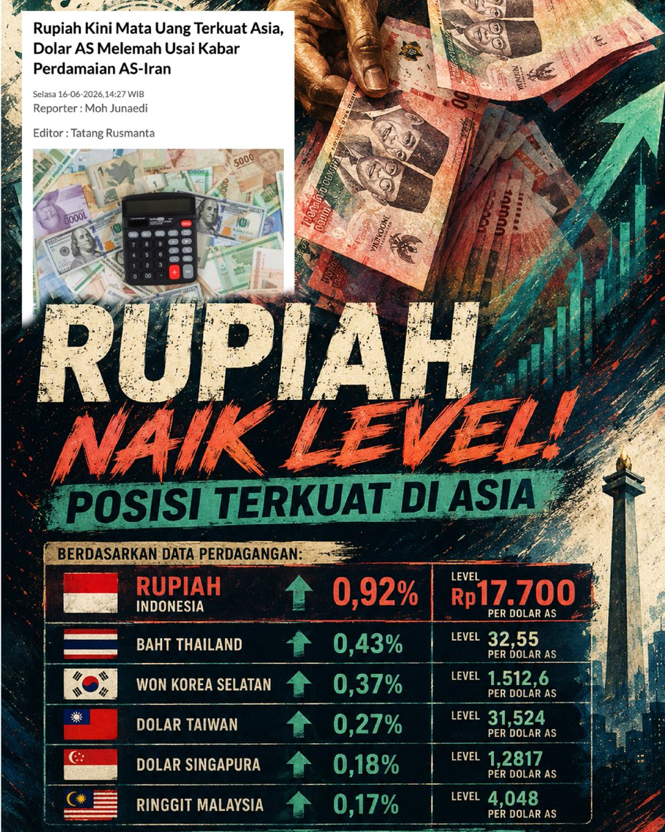 Marsheillaster's tweet photo. Rupiah melesat jadi mata uang terkuat di Asia setelah dolar AS melemah akibat kabar perdamaian AS-Iran. Ekonomi kita makin kokoh! #jagaindonesia #jagamayday2026 #mayday2026damai #prabowobersamaburuh #dialogbukankonfrontasi https://t.co/41fOzPFsRI